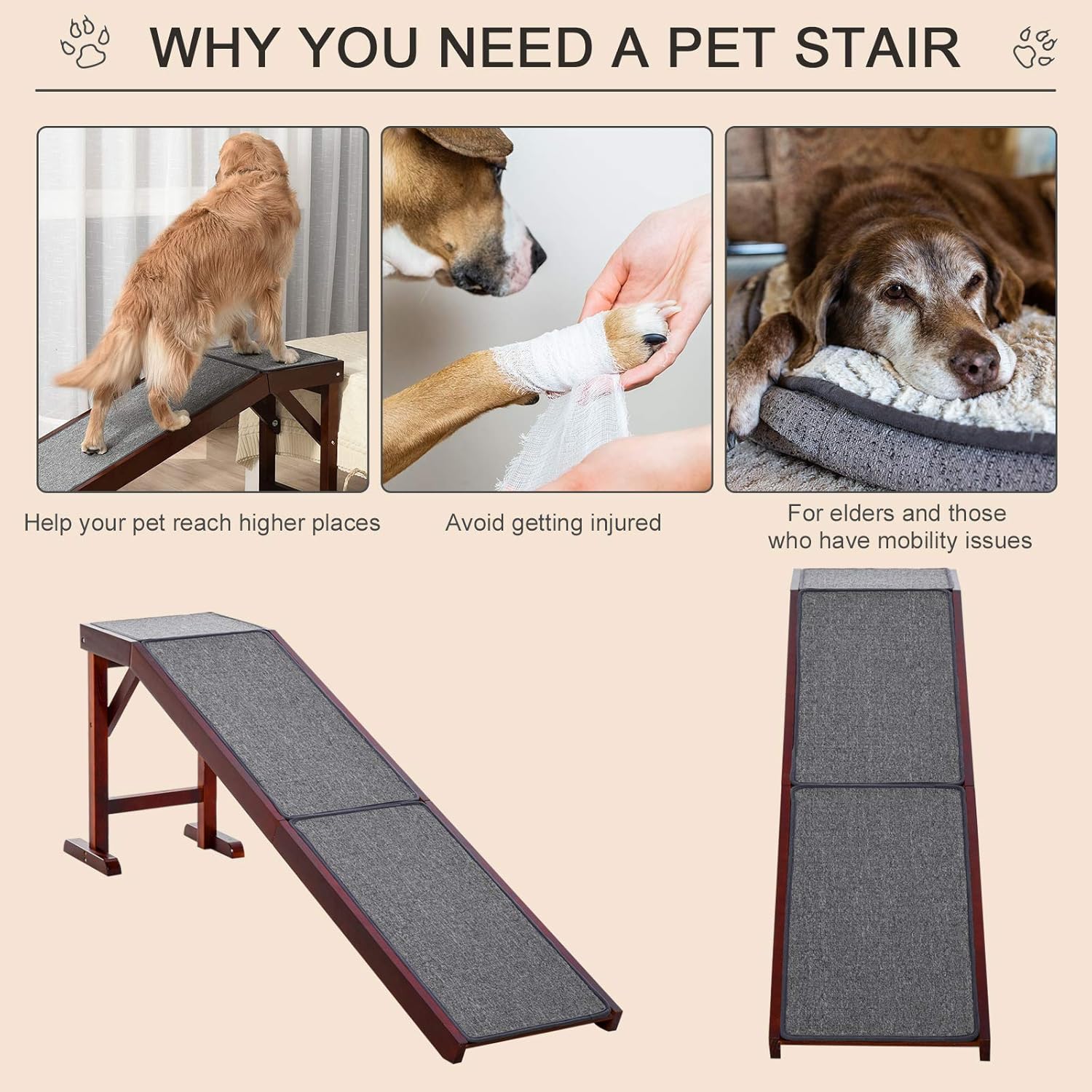 PawHut Pet Ramp for Dogs Non-Slip Carpet Top Platform Pine Wood 74 L x 16 W x 25 H, Brown Grey