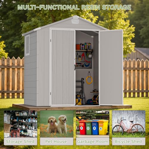 Greesum 6×8FT Plastic Outdoor Storage Shed with Floor, Resin Storaged Sheds with Lockable Double Door, Windows & Vents, All-Weather Tool Sheds for Garden, Backyard, Patio, Light Gray