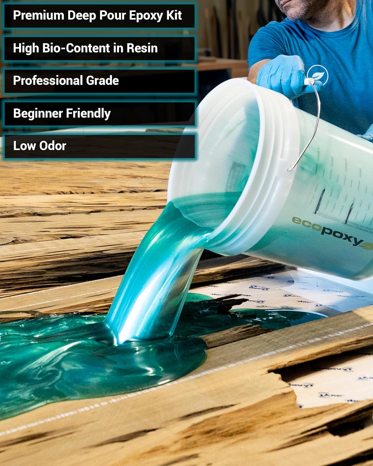 FlowCast Deep Pour Epoxy Resin + 8 x 60ml Epoxy Liquid Pigment Kit - 3.2 Gal / 12L: UV & Yellowing Resistant, Bio-Based Resin | Water Clear Epoxy for River/Ocean Tables