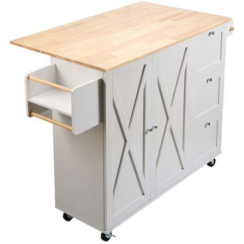 VEVOR Kitchen Island Cart with Solid Wood Top, 35.4" Width Mobile Carts with Storage Cabinet, Rolling Kitchen Table with Spice Rack, Towel Rack, and Drawer, Portable Islands on Wheels, White