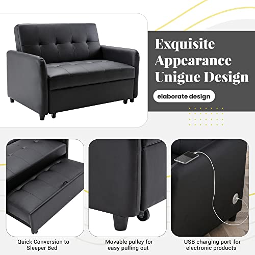 2-in-1 Pull-Out Sofa Bed, Loveseat Convertible Sofa, Convertible Lounge Chair, Sleeper Couch Bed with Dual USB Ports Adjustable Backrest, for Small Room Apartment, Easy Assembly, Brown