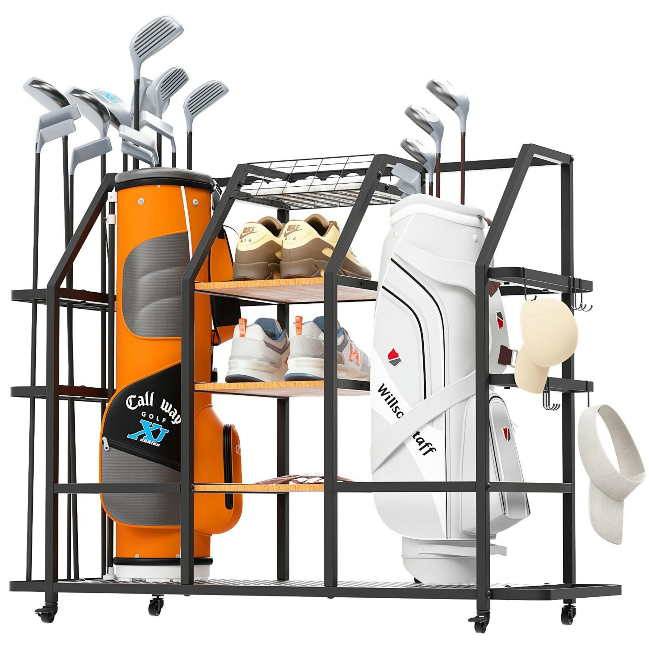 Uyoyous Extra Large Golf Bag Storage Rack, Golf Storage Organizer w/ Locking Wheels for Garage, Club and Basement