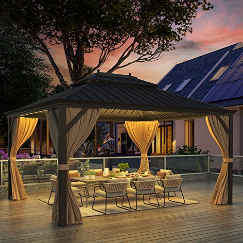 EROMMY 14'x20' Hardtop Gazebo Double Roof Galvanized Steel Canopy Outdoor Aluminum Frame Permanent Metal Pavilion with Netting and Curtains for Patio Backyard Deck and Lawns