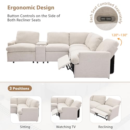 Large Sectional Sofa Couch L-Shaped Recliner Corner Sofa with 2 Power Recliners Storage Box Cup Holders USB Ports and Power Socket, Linen Upholstered Home Theater Reclining Sofa for Living Room, Beige