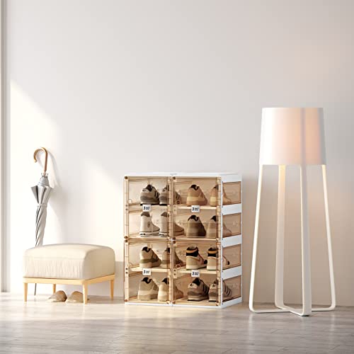 Foldable Shoe Rack,Shoe Organizers for Closet Plastic Shoe Storage Box Space Saving for Entryway, Large Sturdy Stackable Sneaker Cabinet Bins with Magnetic Clear Door 8 Tiers 16 Pairs