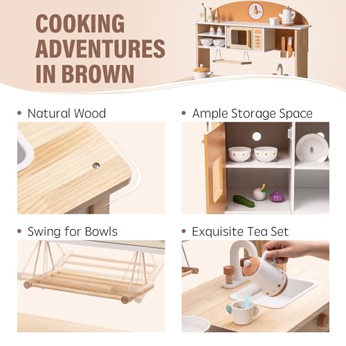 ROBUD Play Kitchen Set, Wooden Play Kitchen with Ice Maker, Fridge, Coffee Machine, Oven, Dishwasher, Microwave, Kitchen Accessories, Toy Kitchen Gift for Boys Girls, 3+