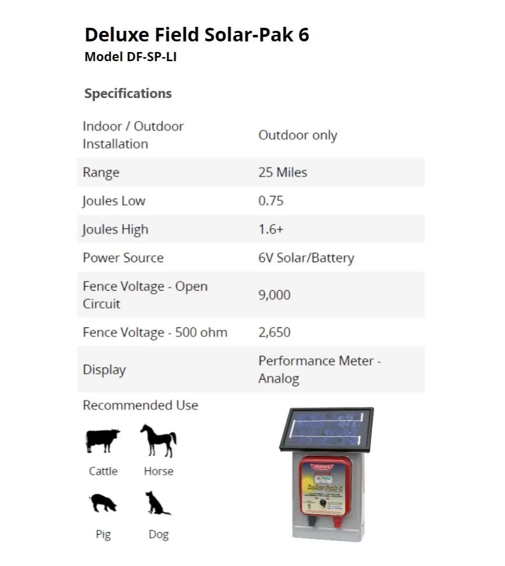 Parmak DF-SP-LI Deluxe Field Solar-Pak 6 Electric Fence Charger, Solar/6 Volt Battery, 25 miles, Built-In Performance Meter, Weatherproof, Portable