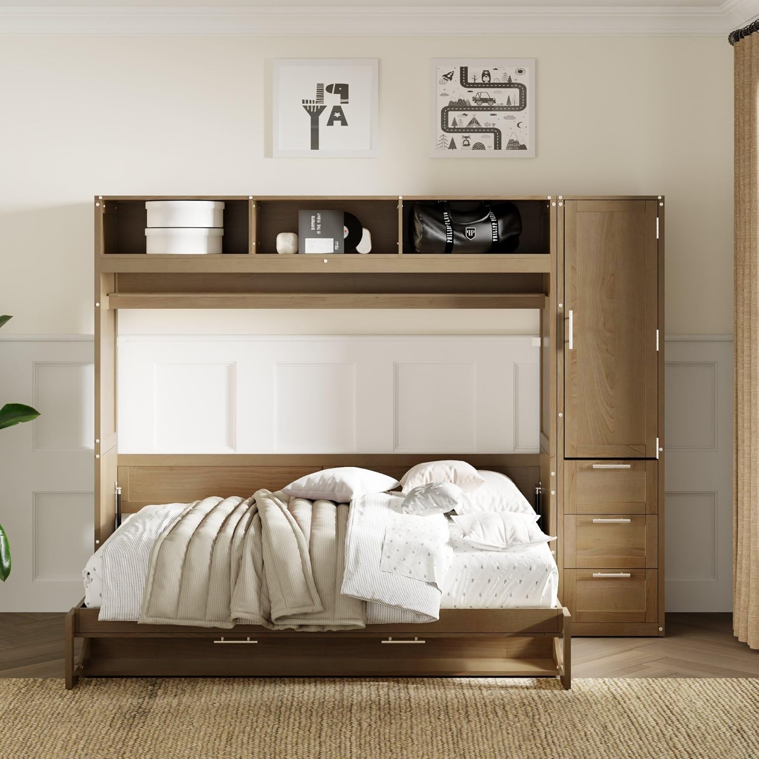Merax Full Size Murphy Bed Frame Wallbed with Wardrobe,3 Drawers and Open Shelves,Space-Saving Design
