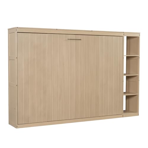 Full Size Horizontal Murphy Bed with Shelves, Full Murphy Bed with Side Bookcase, can be Folded into a Cabinet, Hideaway Wall Bed Space-Saving for Guest Room Bedroom Office, Natural