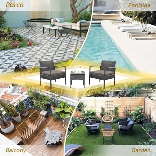 PROHIKER 3 PCS Patio Rattan Conversation Chairs Set, Outdoor Patio Furniture Balcony Furniture Set, Wicker Patio Bistro Set for Garden Porch Balcony Yard, Brown