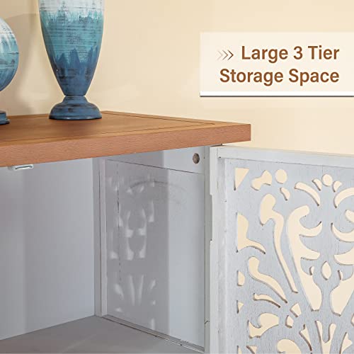 MFSTUDIO Small Accent Storage Cabinet with 1 Door, Farmhouse Hollow-Carved Floral Distressed Decorative Wood Cabinet Nightstand Side Table Sofa Table for Living Room, 13.8" Dx18.9 Wx31.5 H, White