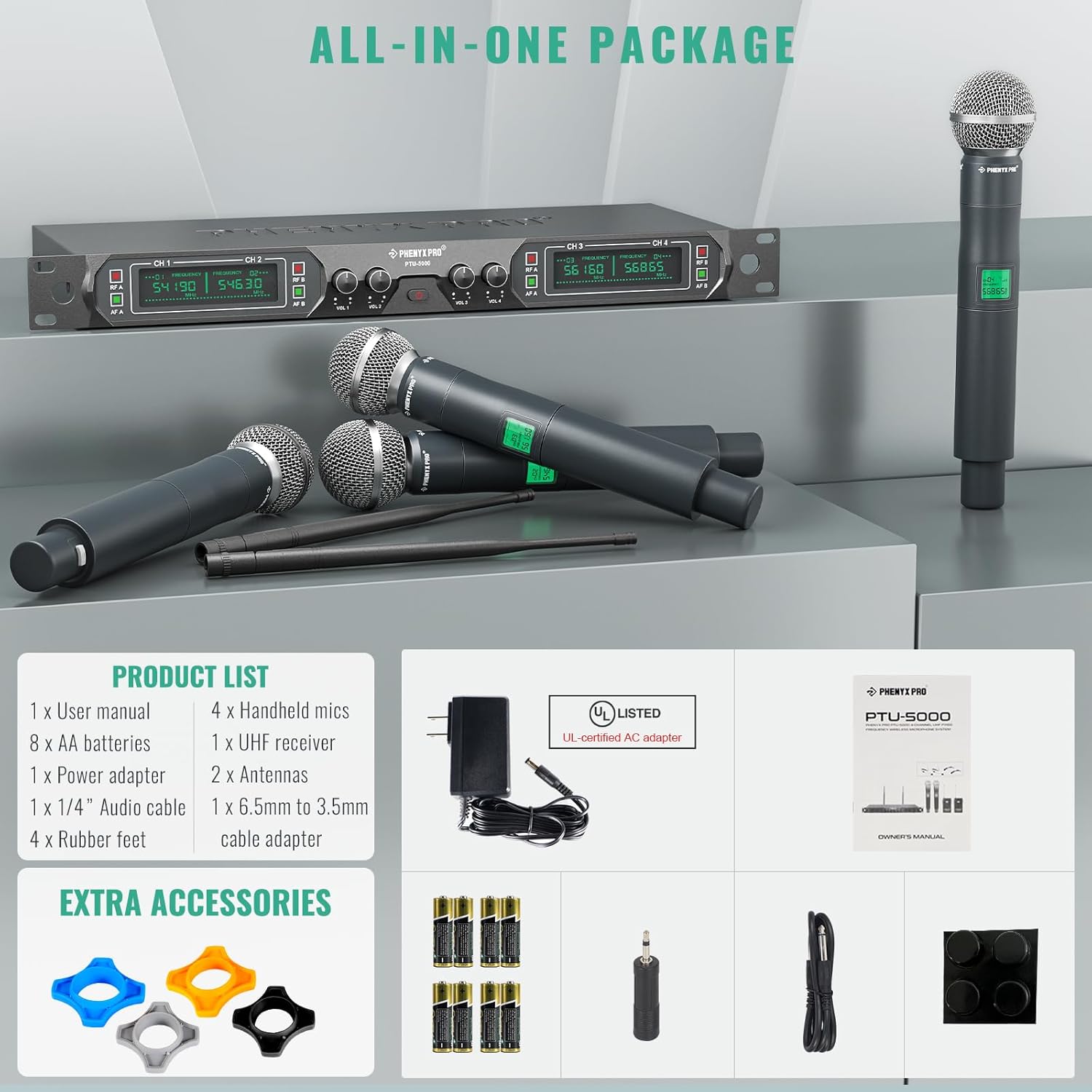Phenyx Pro Wireless Microphone System, 4-Channel UHF Wireless Mic, Fixed Frequency Metal Cordless Mic with 4 Handheld Dynamic Microphones, 260ft Range, Microphone for Singing,Church(PTU-5000-4H)