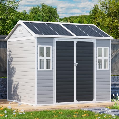 Outdoor Resin Storage Shed 8x4x6 FT Lean to Shed with Floor Included 2 Windows Lockable Door,Waterproof Outside Plastic Sheds for Backyard Garden Patio Lawn Tools