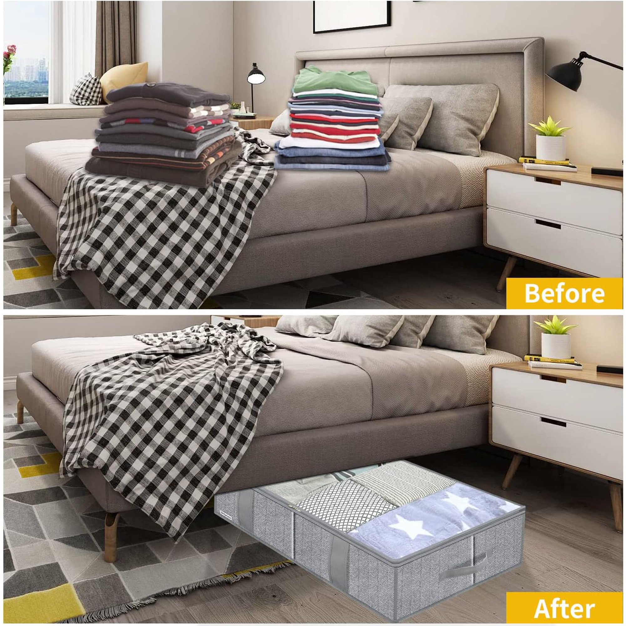 Foldable Underbed Bags - Blankets Clothes Comforters Storage Bag Breathable Zippered Organizer for Bedroom with Clear Window