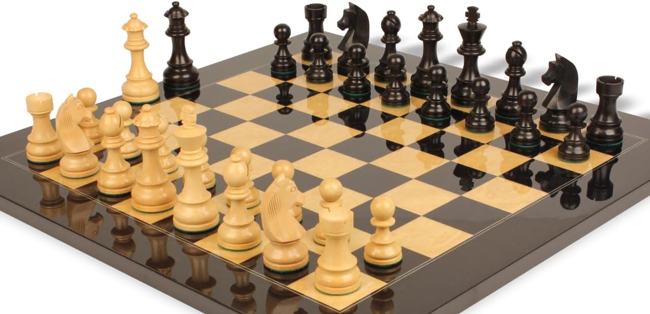 German Knight Staunton Chess Set Ebonized & Boxwood Pieces with Black & Ash Burl Chess Board - 3.75" King