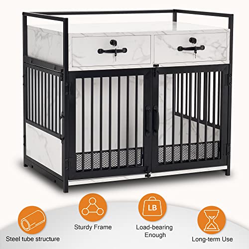 MCombo Furniture Style Dog Crate, Wooden Dog Crate End Table, Double Doors Dog Kennel with Storage Drawers, 0649 (White)