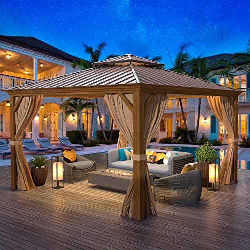 MELLCOM 12'x16' Hardtop Gazebo, Galvanized Steel Metal Double Roof Canopy with Curtains and Netting, Brown Permanent Pavilion Gazebos with Aluminum Frame for Garden, Patio, Lawns, Deck
