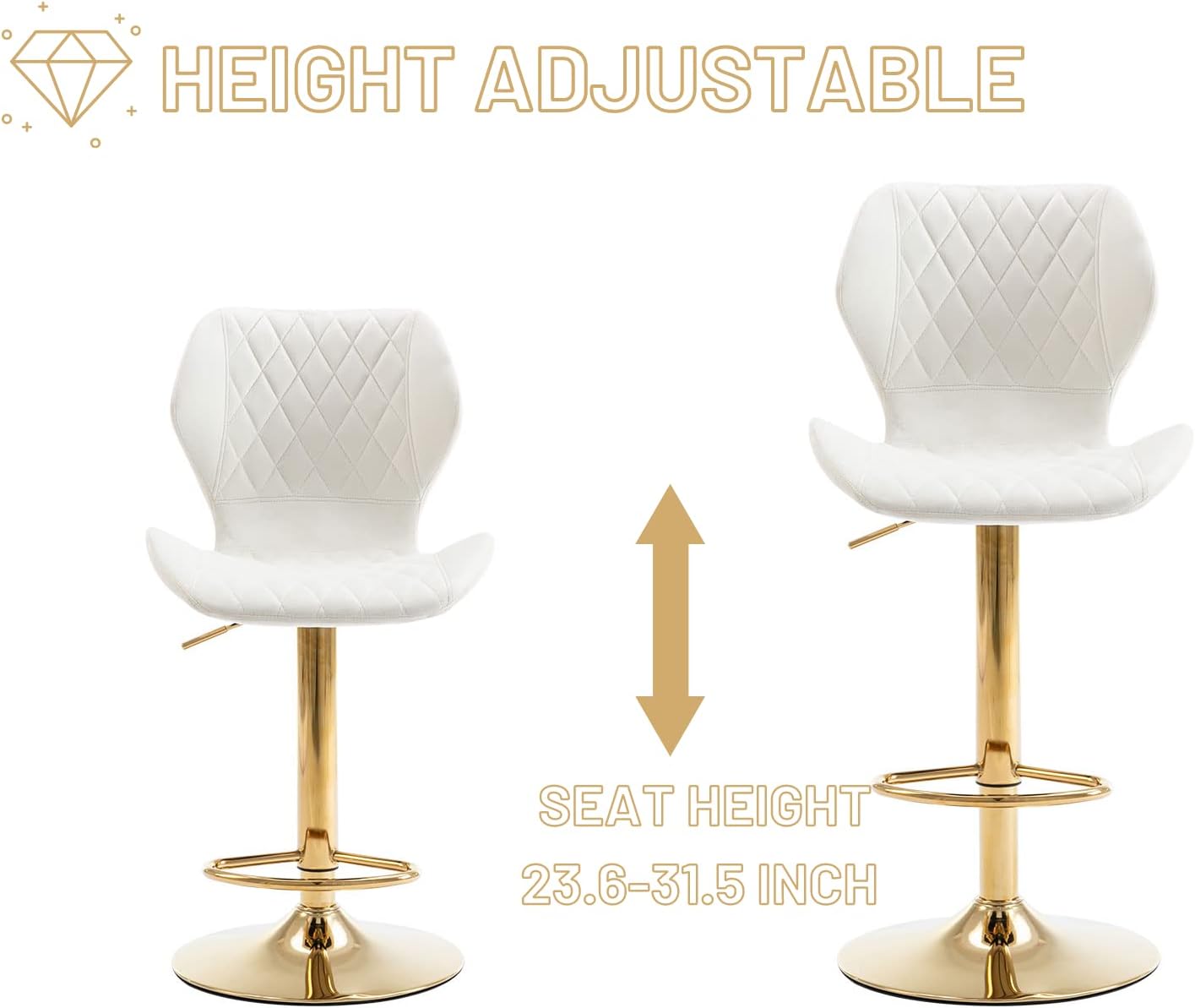 Lei Yu Adjustable Bar Stools Set of 4 Modern Velvet Swivel Bar Stools with Gold Stable Metal Frame Padded Island Chairs with Back and Footrest for Kitchen Island/Living Room/Pub/Coffee/Shop, Cream