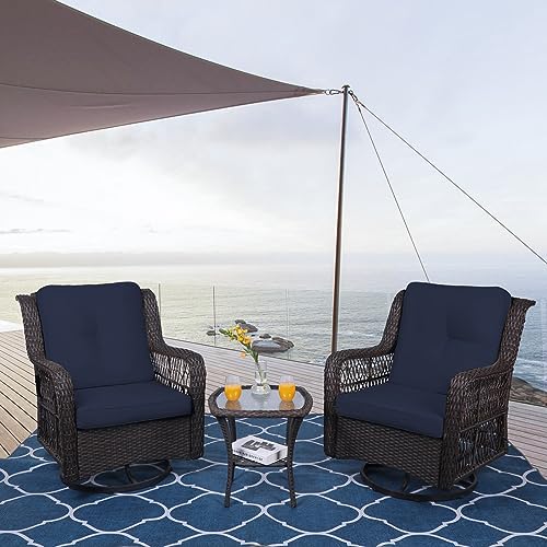 MEETWARM 3-Piece Patio Wicker Conversation Bistro Set Cushioned, Outdoor Swivel Rocking Chairs Rattan Furniture Sets with Thickened Cushion and Glass-Top Coffee Table (Orange)