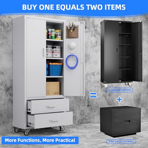 Aobabo 73''H Metal Garage Storage Cabinet with Wheels and Pegboards, 4 Adjustable Shelves Steel Storage Cabinets for Home,Warehouse,Garage,Assembly Required,White