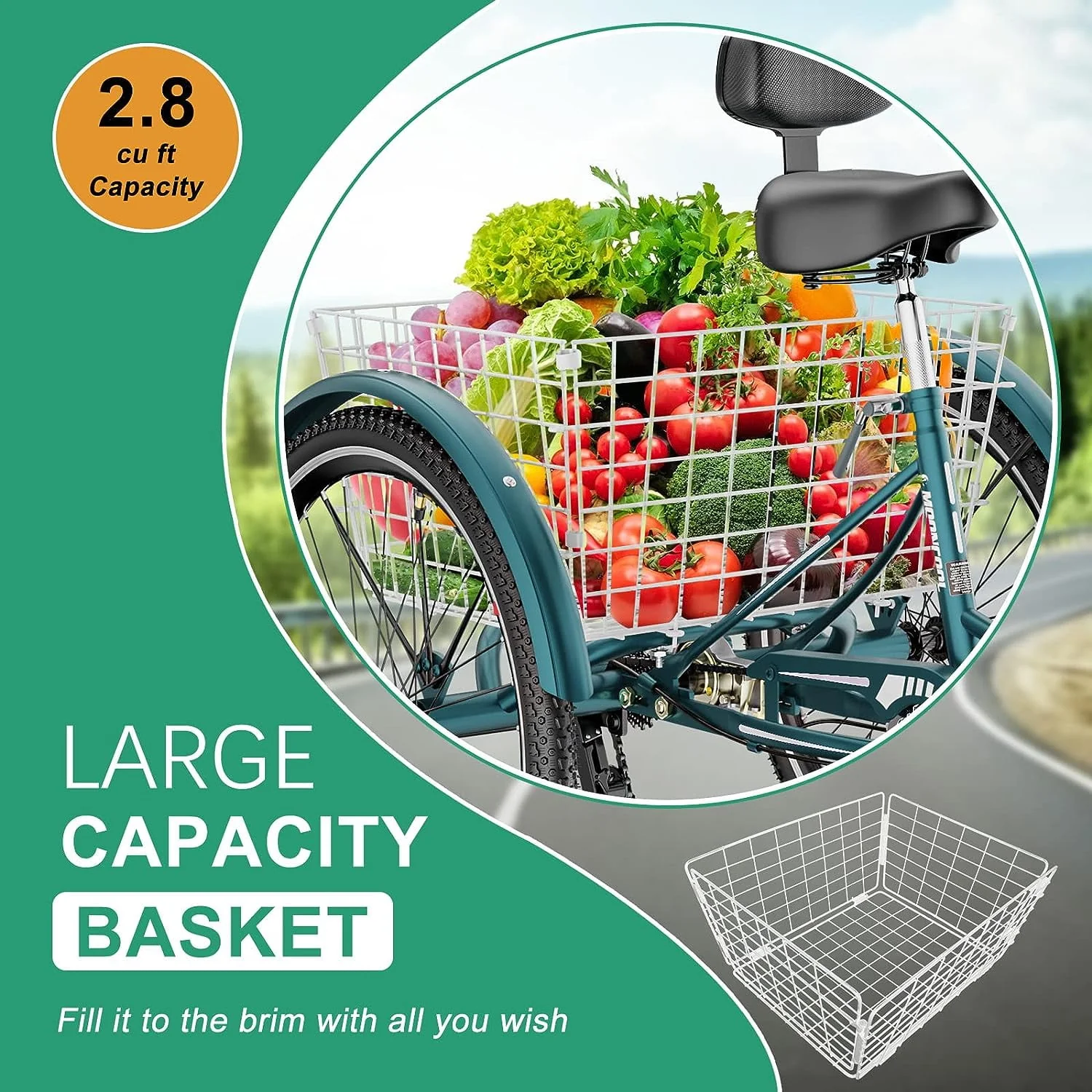 FICISOG 26 Adult Tricycle, 3 Wheel 7 Speed Bikes,450lbs Capacity Cruise Trike with Shopping Basket