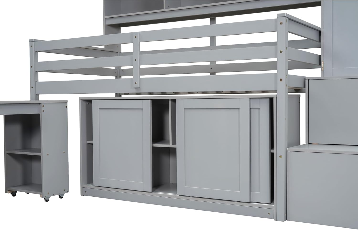 Twin Size Loft Bed for Kids, Extra Large Versatile Wooden Bedframe with Removable Desk/Storage Stairs/Wardrobe/Eight Top Shelves/Two Sliding Door Cabinets, Space-Saving Design, Gray