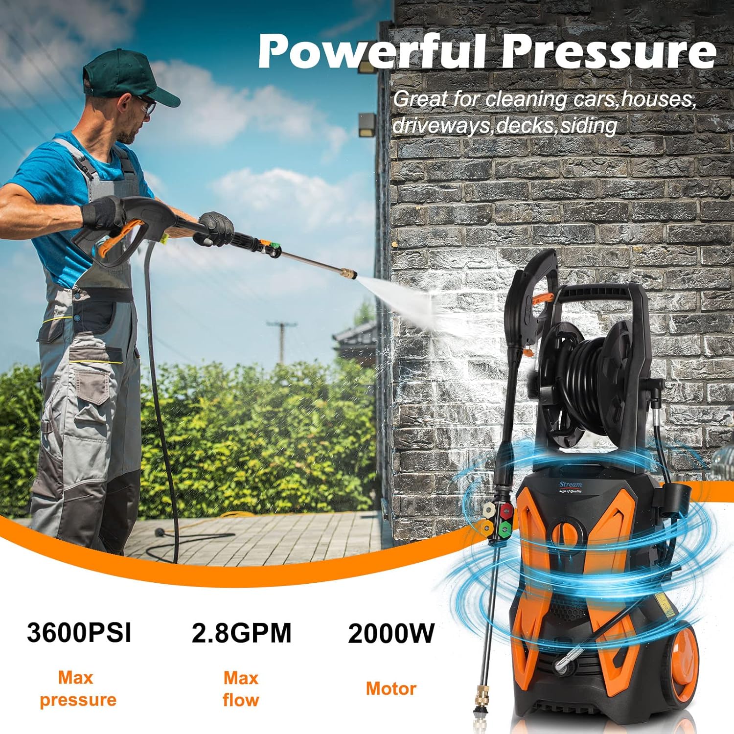 Electric Pressure Washer, Max. 3600PSI 2.4GPM 2000W Power Washer Pressure Washer with Hose Reel Spray Gun 5 Nozzle Adapter, and Foam Cannon, for Cleaning Cars/Fences/Patio