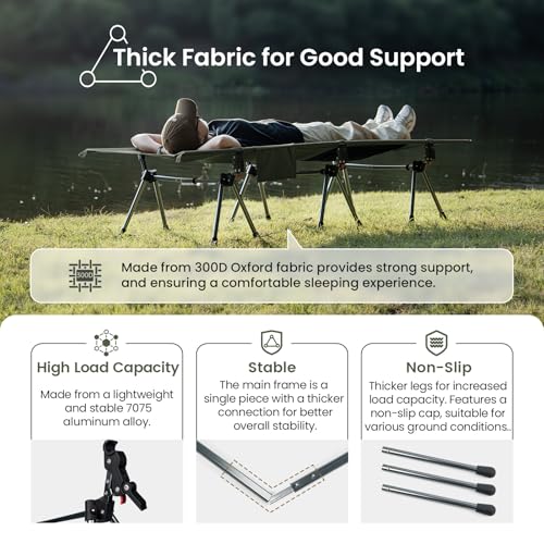 OneTigris SUPRANUBIS Camping Cot, Height Adjustable with Cot Leg Extenders, Strong Support 330lbs, Portable Folding Bed for Camping, Hiking, Travel, Truck, Beach, Office Nap (Ranger Green)