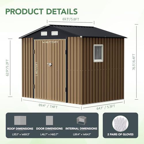 10X12X7.5 FT Outdoor Steel Storage Shed with Lockable Doors, 2 Windows, Transparent Roof Panels (Wood Panels & Frame Floor Not Included), Ideal for Patio Storage,Garbage Can, Chicken Coop，Brown