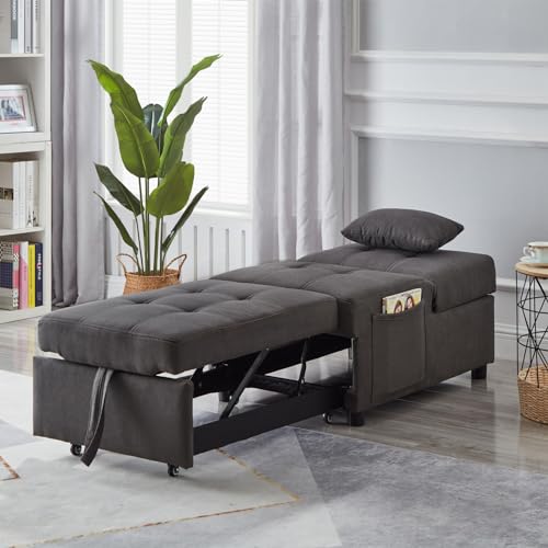 Recliner Chair, Futon Ottoman Sofa Bed with Adjustable Backrest, Modern Linen Upholstered Sleeper Sofa Couch with 1 Pillow and Side Pocket for Living Room Bedroom Apartment Office, Grey