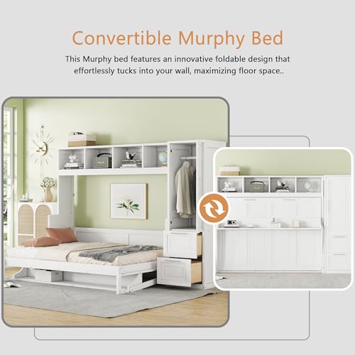 Linique Full Size Murphy Cabinet Storage Wall Bed with Closet and Drawers and Built-in Top Shelf,Hide a Bed on a Wardrobe Space Saving Design,Gray
