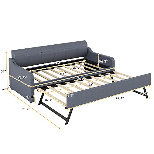 Harper & Bright Designs Twin Size Day Bed with Pop up Trundle Upholstered Day Beds with USB Charging, Wood Twin Bed Frame for Kids, Teens and Adults Trundle can be Flat or erected (Grey)