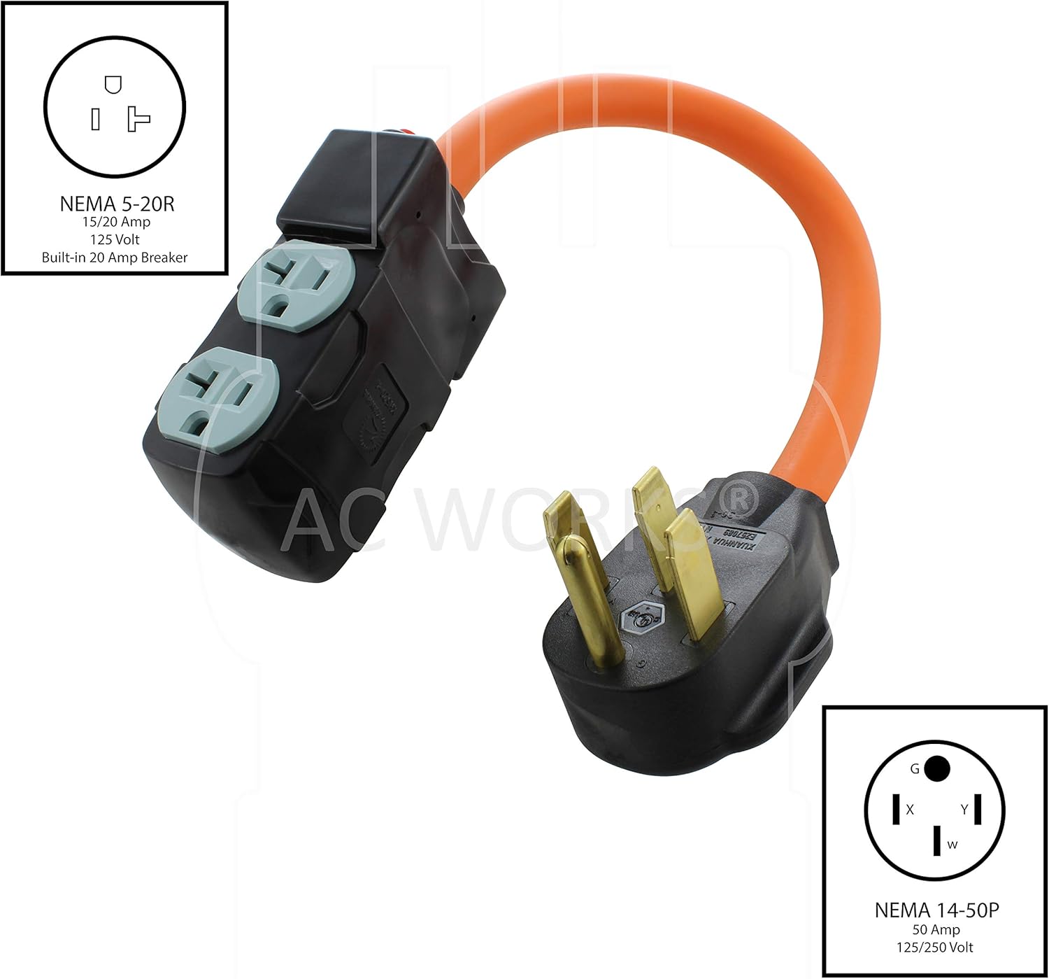 AC WORKS 4-Prong 220-Volt Plug to 120-Volt 15/ 20Amp Household Female Adapter Cord (4-Prong 14-50 Outlet to (4) Household W/Breaker) Pack of 2