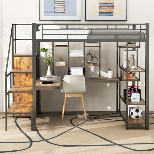 Modern Full Size Metal Loft Bed with Storage Staircase and Small Wardrobe, Multi-functional Metal Loft Bed Frame with Built-in Desk and Storage Shelves (White/L7)