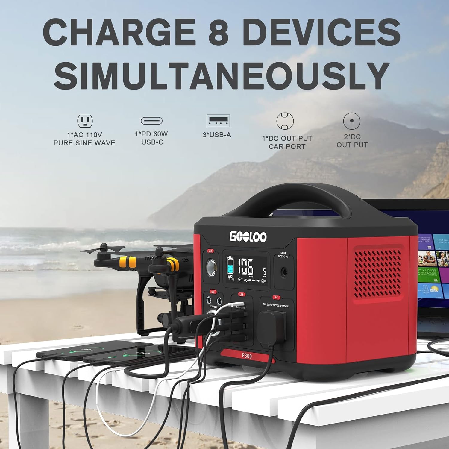 GOOLOO Portable Power Station P600, 626Wh Outdoor Generator with 110V/600W (Peak 1200W) AC Outlets & LED Flashlight, SuperSafe Backup Lithium Battery for Outdoor RV/Van Camping, Emergency