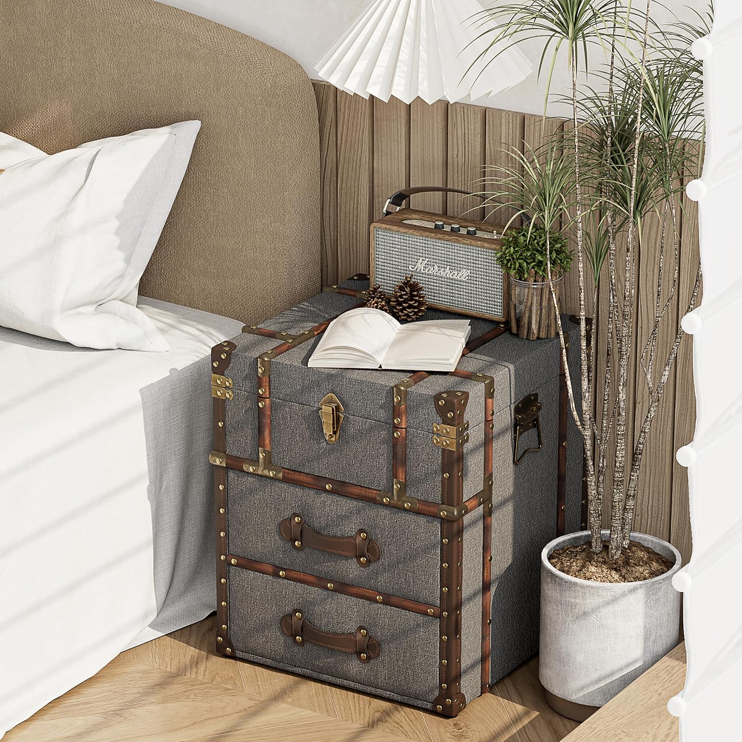 Vintage Storage Chest with Buckle Hinged Top, Linen Accent End Side Table for Living Room, Office, Bedroom, Rectangle, Grey