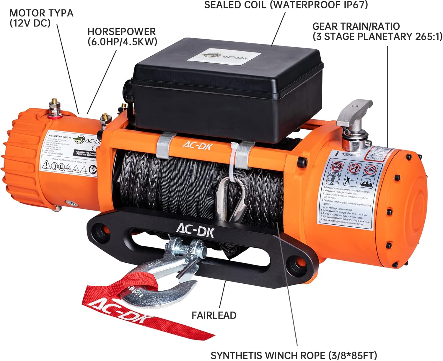 AC-DK 13000 lb. Electric Winch Kit, 12V Winch with 85ft Synthetic Rope, Waterproof IP67 Truck Winch with Hawse Fairlead, with Wireless Handheld Remote and Wired Handle Recovery Winch(Up to 13500lbs)