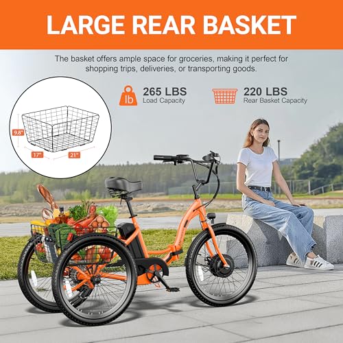 ANCHEER Electric Tricycle for Adults, 350W(Peak 550W) Etrike, 48V/499Wh Ebike, 24" Folding 3 Wheel Electric Trike, 15.5MPH & 55Miles Electric Bike, Rear Differential, Rear Basket