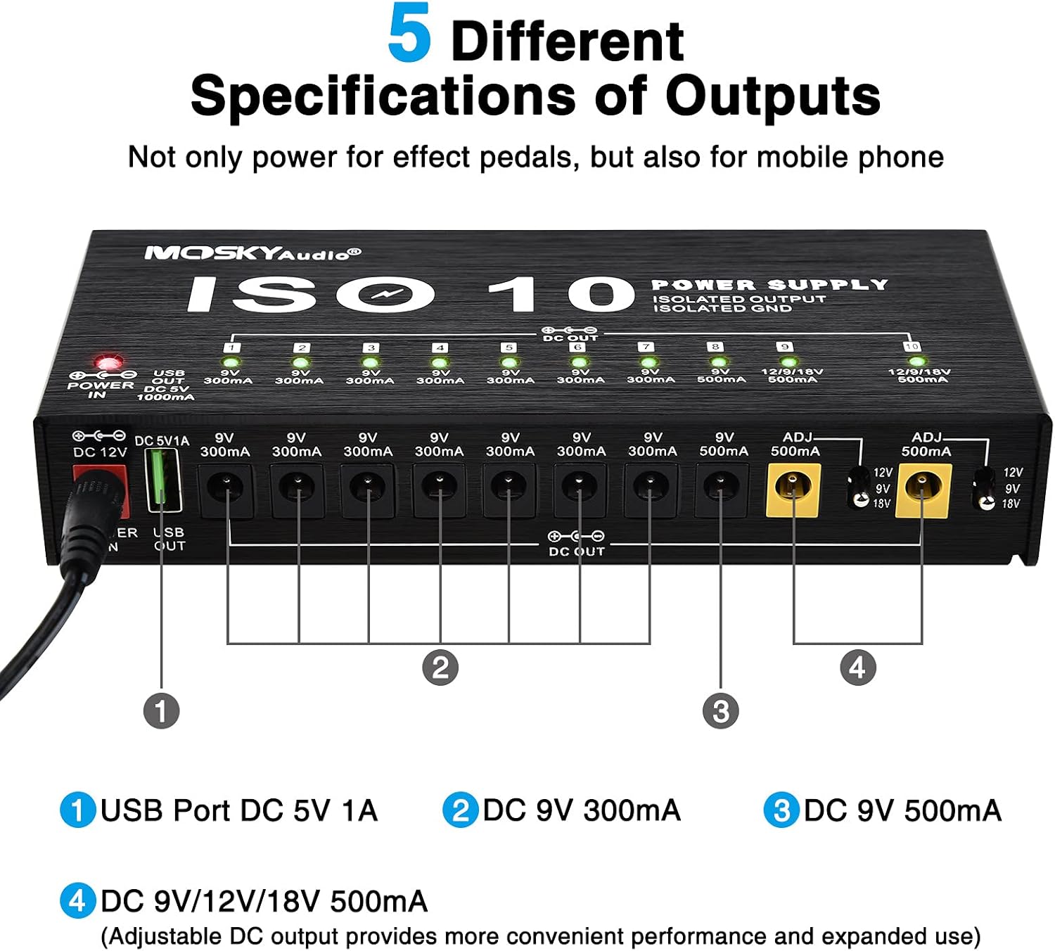 CAMOLA Mosky Guitar Pedal Power Supply 10 Isolated DC Output 9V 12V 18V 300mA 500mA Guitar Effects Pedal Board Power Supply with Short Circuit/Overcurrent Protection, 5V/1A USB Port
