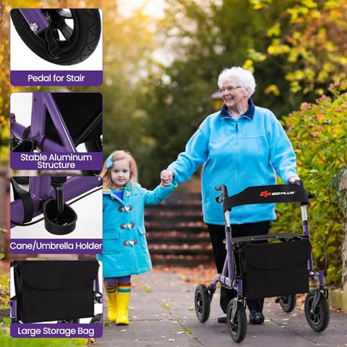 Goplus Rollator Walkers for Seniors with Seat, Foldable Rolling Walker with 9.5” All Terrain Pneumatic Wheel, Supports up to 350 lbs, Heavy Duty Bariatric Rollator Walker for Adult