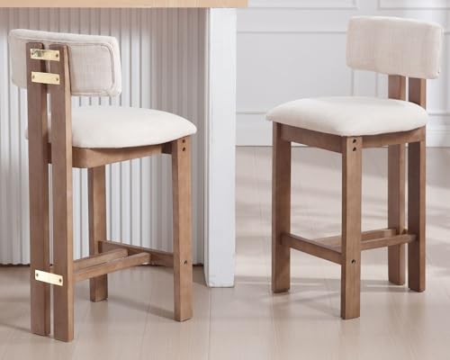 26’’ Tall Farmhouse Kitchen Bar Stools Set of 4, Modern Counter Stools with Backs Beige Linen Upholstered Bar Height Chairs with Hardwood Frame, Counter Height Island Wood Barstools for Kitchen Island