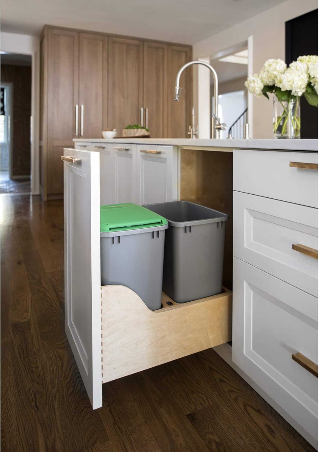 Rev-A-Shelf 4WCSC-1835DM-2 Double 35-Quart Maple Bottom Mount Kitchen Pullout Waste Container Trash Can with Blumotion Soft-Close Slides, Silver