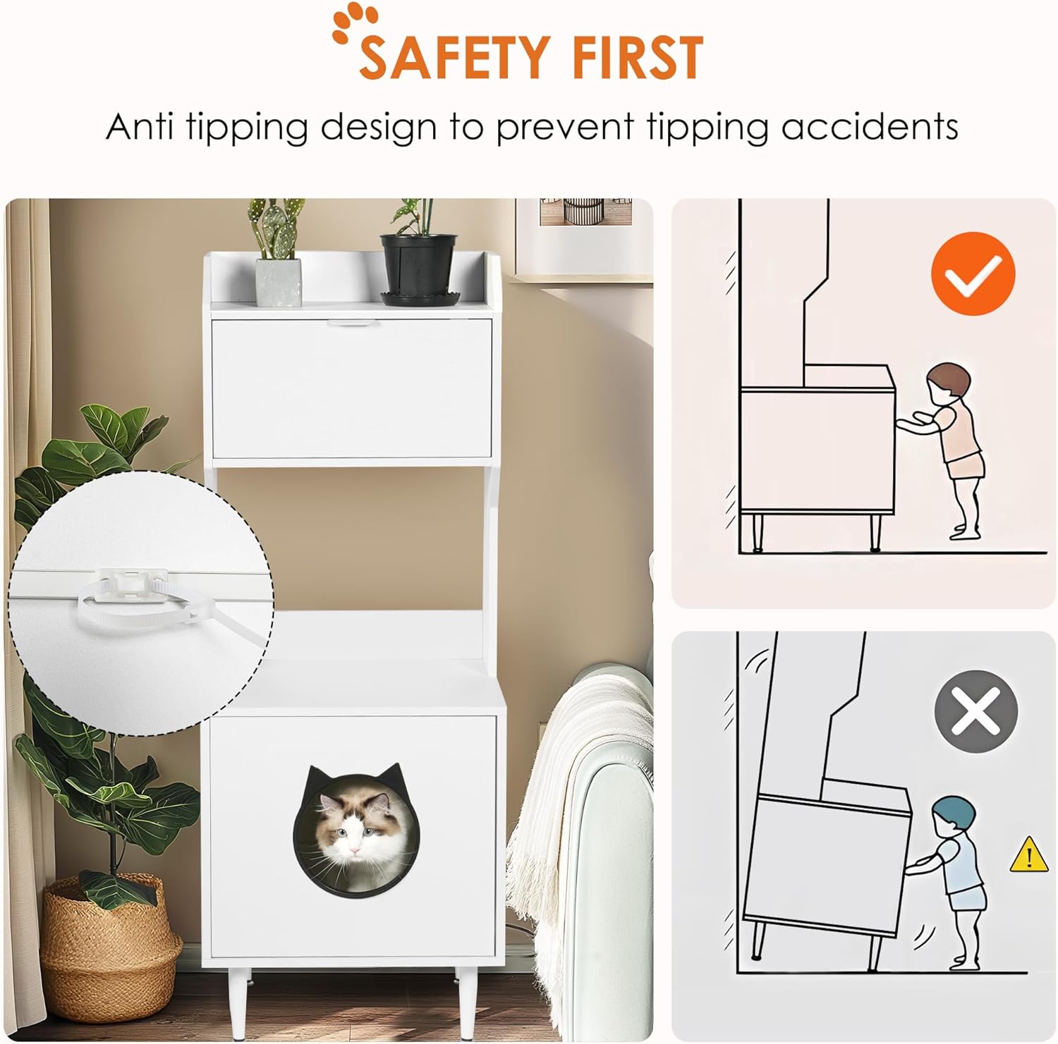 Litter Box Enclosure with Storage Shelves and Cabinet, White Wooden Hidden Cat Litter Box Furniture Industrial Indoor Cat House Washroom Pet Crate,Anti Tipping Design,Suitable for All Cats