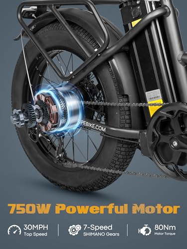 Electric Bike for Adults, 20.8Ah Removable Battery, Folding E-Bike with 750W Motor, 75+Miles Long Range, 4-6Hours Fast Charging, 7 Speed 20 x 4.0 Fat Tire Electric Horn, Class 2 Ebike