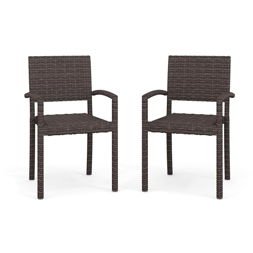 Martha Stewart Bedford Indoor-Outdoor Stackable Patio Armchairs with Rattan Wicker Finish in Brown, Set of 2