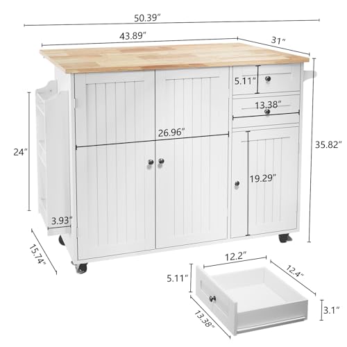 HLR Kitchen Island with Storage, Rolling Kitchen Island on Wheels with Drop-Leaf Bar Countertop, Island Table for Kitchen with Side Open Spice Rack and Tower Rack, Extra Storage for Kitchen