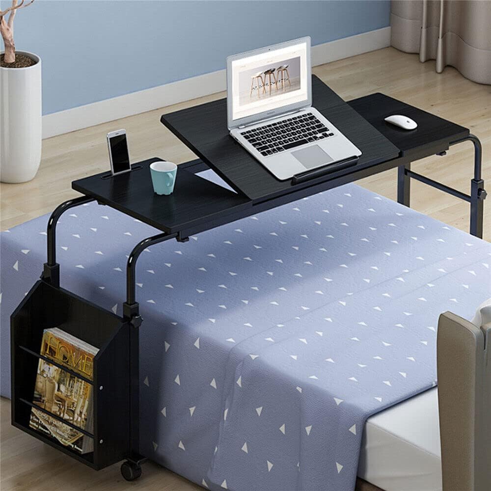 Cross-Bed Stretchable Overbed Tables,Laptop Desk with Wheels,Bed Tables Adjustable Height and Length Over The Bed,with Adjustable tilt Table top and Storage Storage
