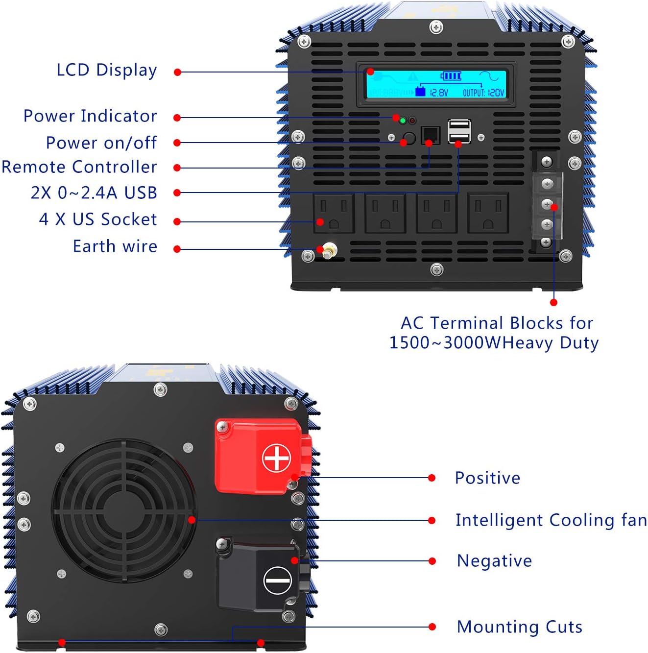 VOLTWORKS 600 Watts Pure Sine Wave Power Inverter 600w DC 12V to AC 110V 120V with Dual 2.4A USB Port & LCD Display Two AC Outlets for Car Truck RV