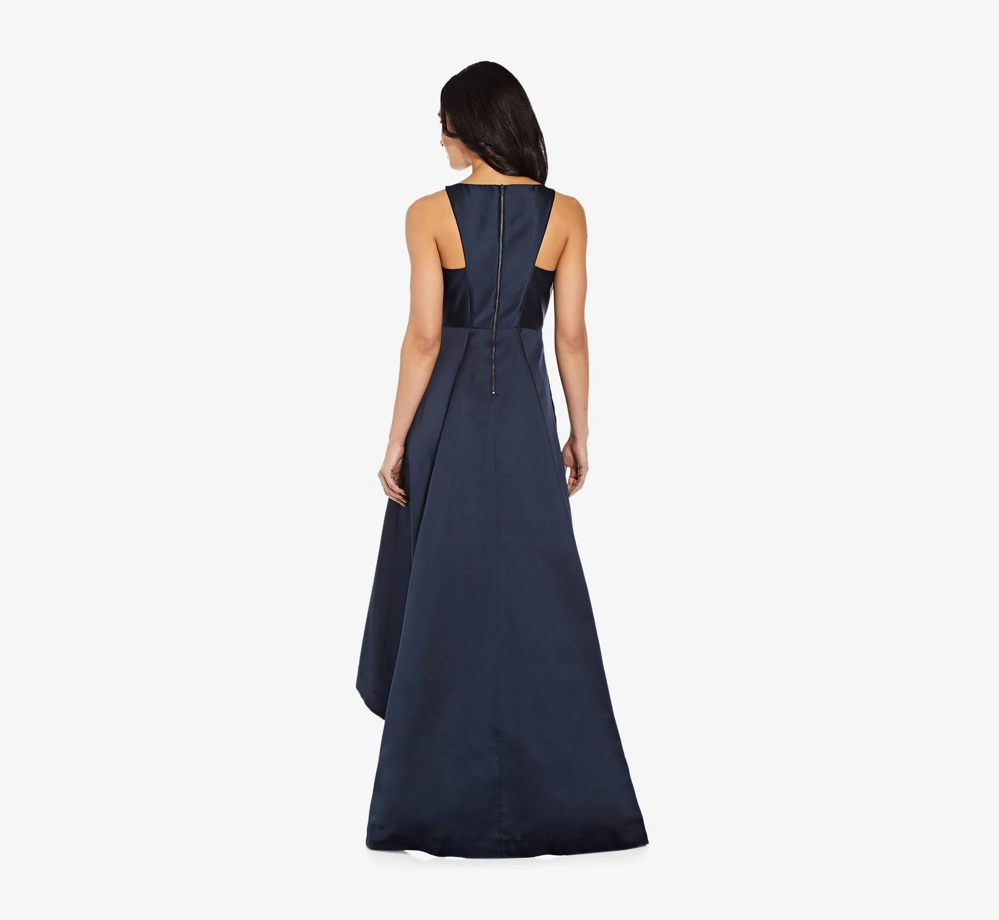 Adrianna Papell High Low Mikado Gown with Asymmetrical Detail, Navy, Size: 18
