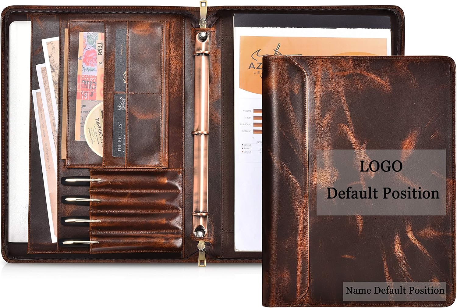 AZXCG Leather Padfolio Binder,Genuine Leather Portfolio Folder with YKK Zipper, Chrismas Gift Resume Portfolio for Son/Husband,Business Document Organizer, Dark Brown